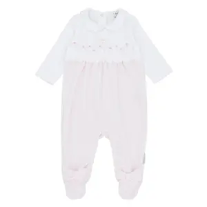 front view of the Blues Baby Almelo Sleepsuit featuring a classic Peter Pan collar with delicate pink stitching, floral embroidery across the chest and a sweet satin bow with pearl detail.
