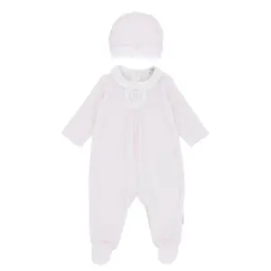 Front view of the Blues Baby Almelo Sleepsuit in soft pastel pink with delicate crown embroidery on the chest, and a satin bow with pearl detail.
