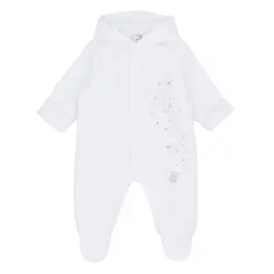 front view of the Blues Baby White Pramsuit with silver embroidered stars, swirls and teddy bear detail
