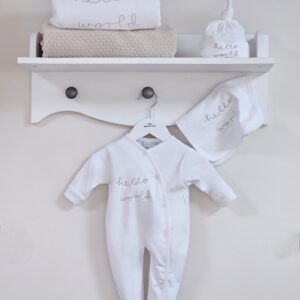 Selection of clothing and bedding items in The Baby Store Hello World Collection