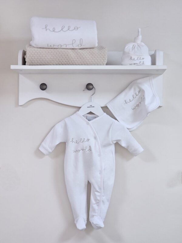 Selection of clothing and bedding items in The Baby Store Hello World Collection