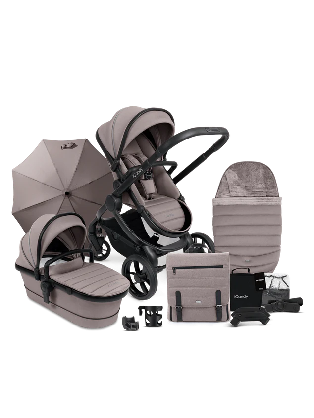 the iCandy Pushchair and Carrycot - Complete Bundle showing everything included in the bundle
