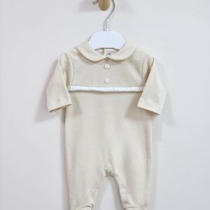 Beige Babygrow with Peter Pan Collar & Pleated Trim