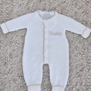 Dandelion White Scallop Taupe Edge Knitted Onesie