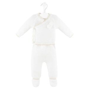 Dandelion White 2 Piece Knitted Pom Pom Set with Taupe Scallop Trim