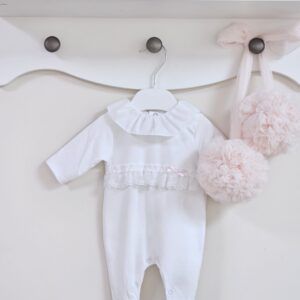 White Frill Collar Babygrow with Lace Trim & Bow
