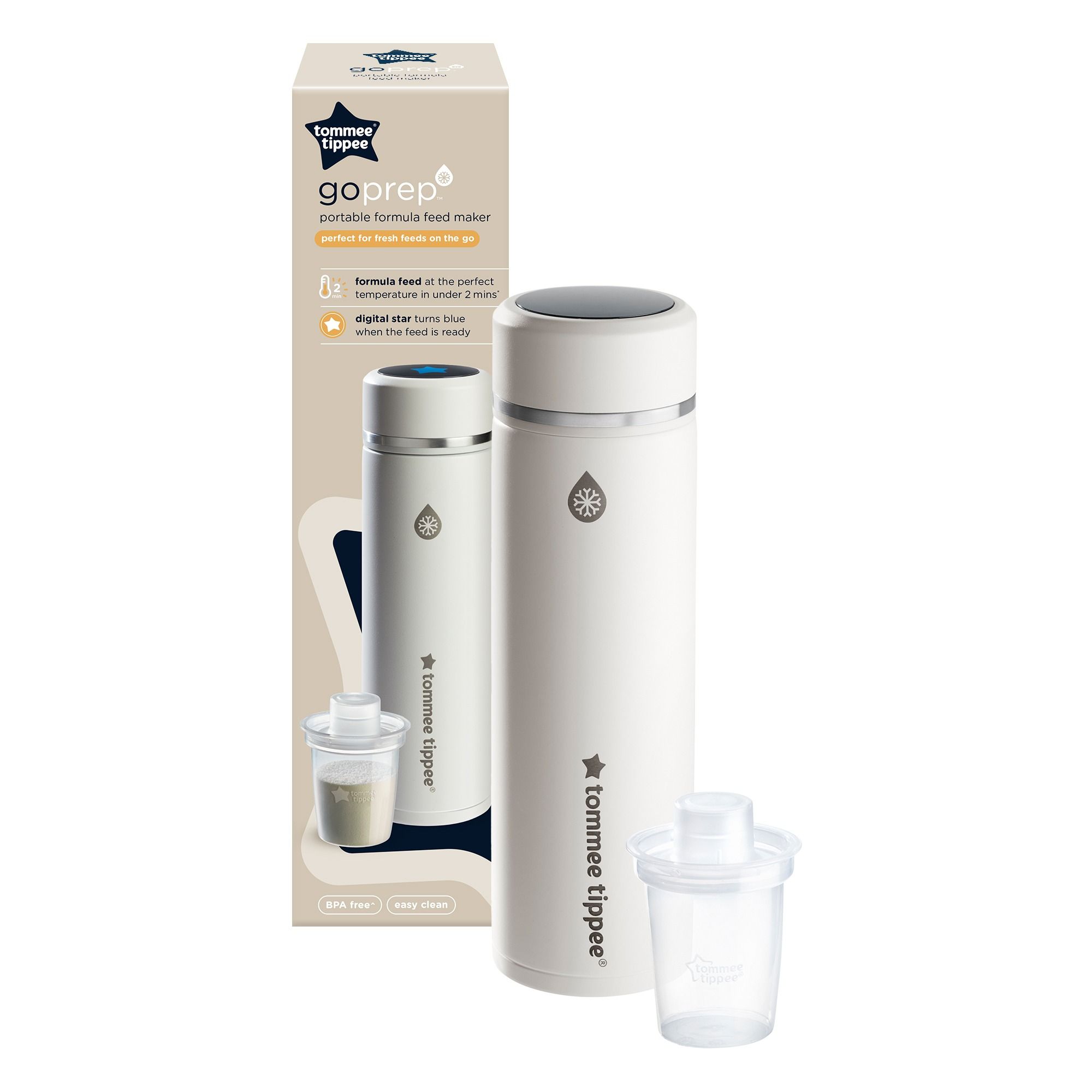 the Tommee Tippee GoPrep Portable Formula Feed Maker shown with packaging