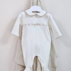Cream Babygrow with Beige Ribbon Trim