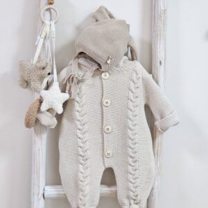 Knitted Pramsuit with Hood and Pom Pom Feet