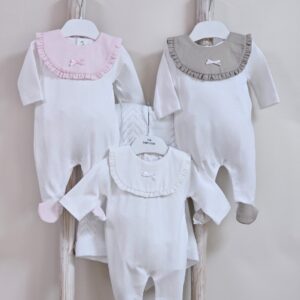White Cotton Babygrow with Frill Bib & Bow