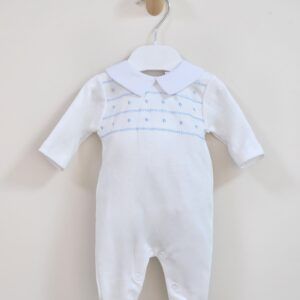 White Babygrow with Blue Embroidery Detail