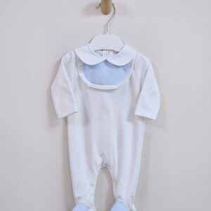 White Baby Sleepsuit with Blue Bib Collar and Pleated Trim