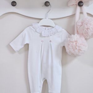 White Cotton Babygrow with Lace Collar & Pink Button Detail
