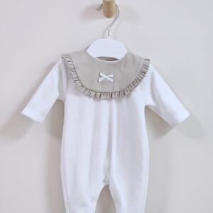 White Velour Babygrow with Frill Bib & Bow