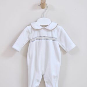 White Velour Babygrow with Smocked Trim