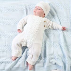Dandelion White Footless Cable Knit Onesie & Pom Hat Set