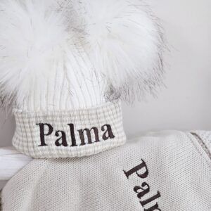 Cream Knitted Hat with Beige Turn Up & 2 Poms