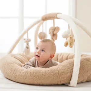 Baby playing on the Nattou Playmat with Arch in teddy ecru and caramel