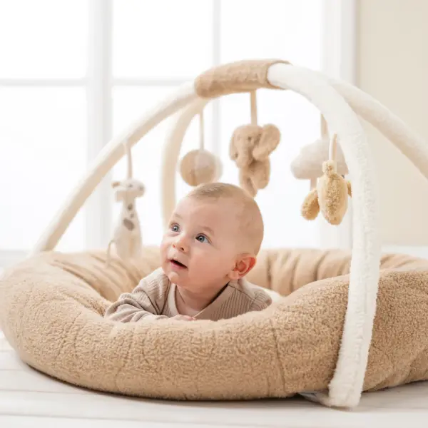 Baby playing on the Nattou Playmat with Arch in teddy ecru and caramel