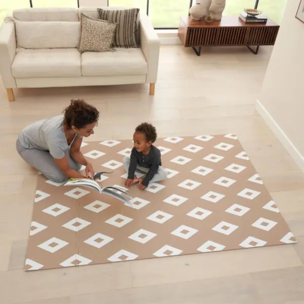 woman and child playing on Tutti Bambini puzzle playmat in Diamond Cinnamon