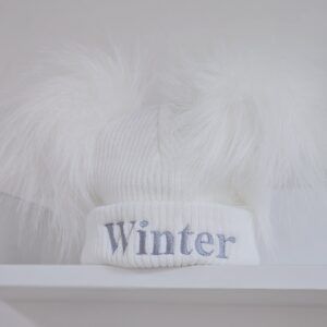 White Ribbed Knitted Hat with 2 White Long Fluff Pom