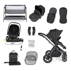 the Ickle Bubba Stomp Luxe Nimbus 180° Spin i-Size Travel System & Home 14 Piece Bundle in Midnight showing everything included in the bundle