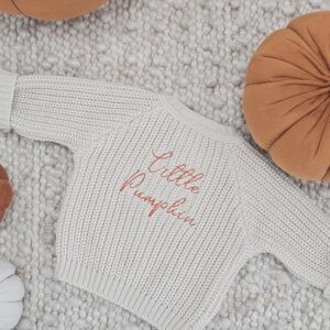 the 'Little Pumpkin' taupe fisherman jumper displaying the back view with selection of decorative pumpkins