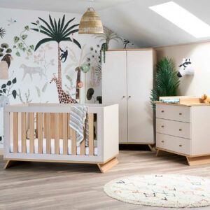 the Obaby Thea 3 Piece Room Set in Latte displayed in a nursery setting with jungle wallpaper background
