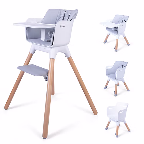 the Red Kite Feed Me Kombo 3-in-1 wooden highchair showing the various set up options including highchair and low chair