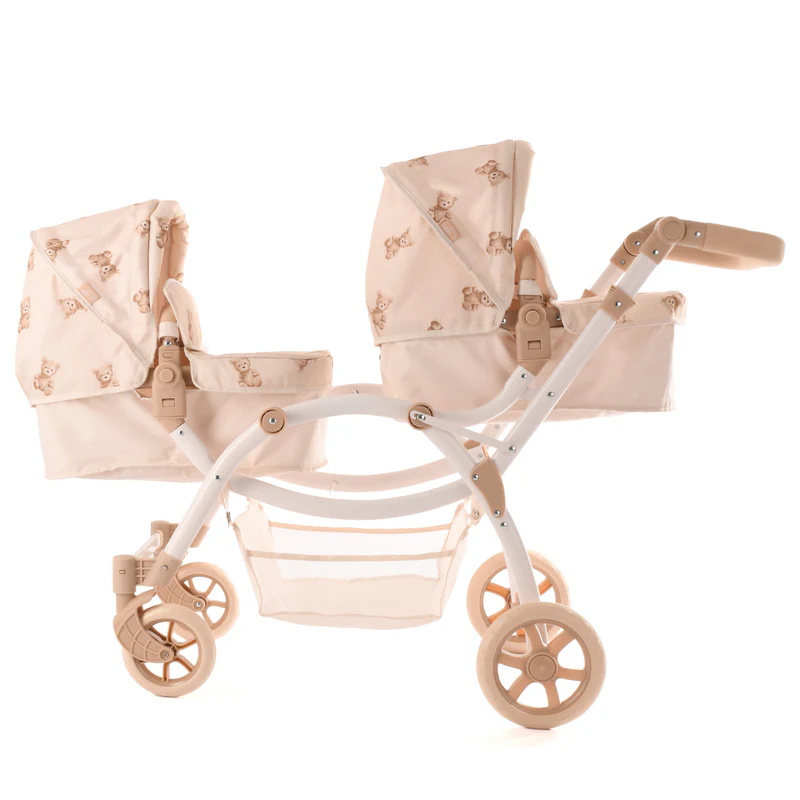the Roma Teddy Twin Dolls Pram shown in two carrycot configuration