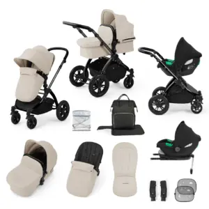 the Ickle Bubba Stomp Luxe 12 Piece Travel System with i-Size Cirrus Car Seat & ISOFIX Base showing everything included in the bundle in the new Stone colourway