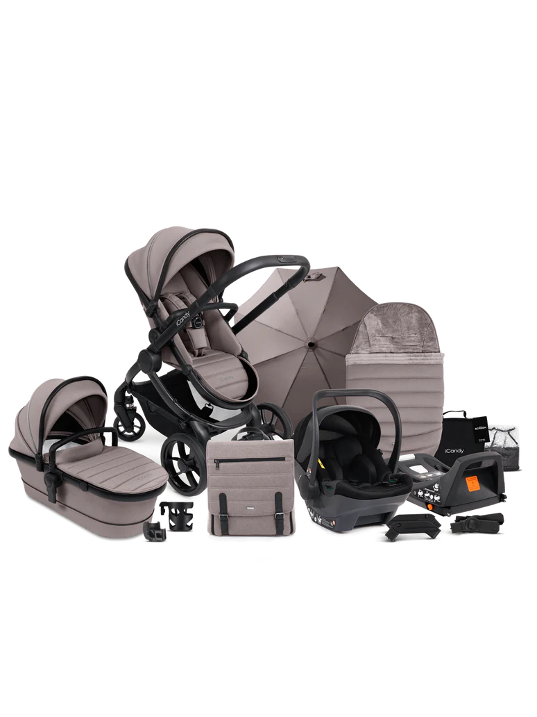 The iCandy Peach 7 Pushchair and Carrycot - Complete Car Seat Bundle showing everything included in the bundle